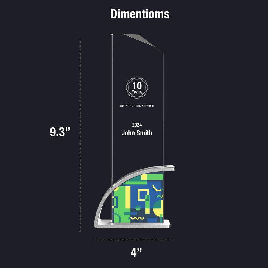 Award dimensions: 9.3 inches in height and 4 inches in width, featuring a 10 Years of Dedicated Service design for John Smith, 2024, with a colorful geometric pattern on the base.