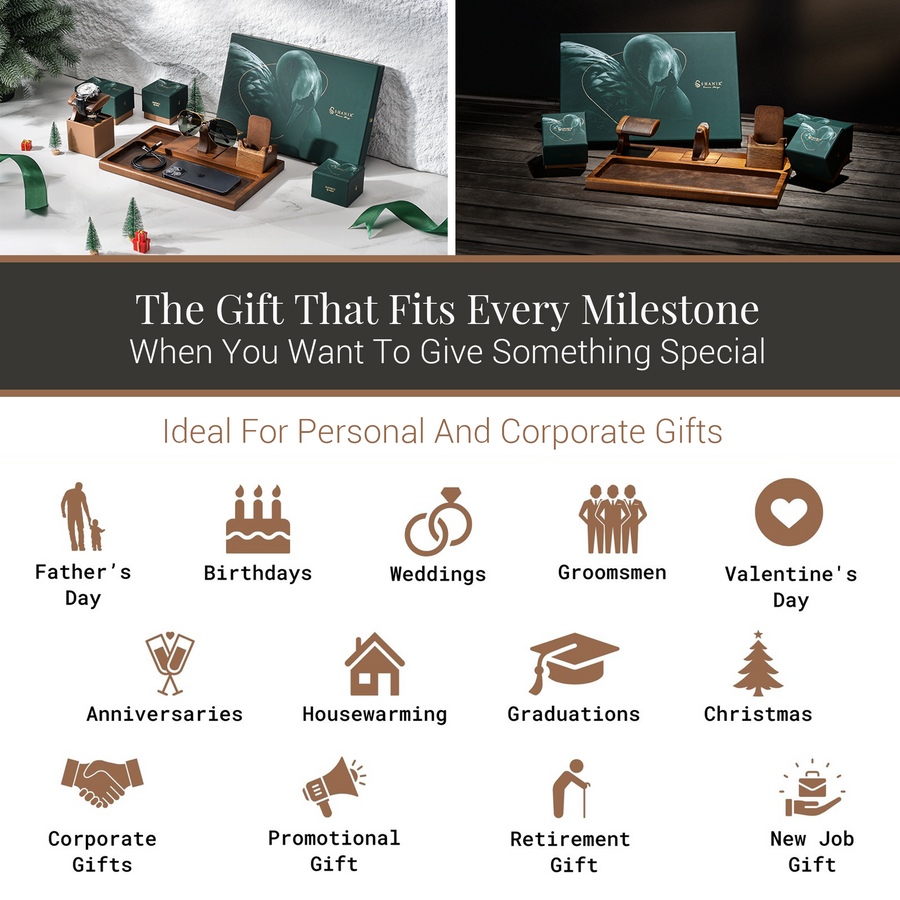 The image is a collage of various gift ideas, including personal and corporate gifts, ideal for different occasions such as Father's Day, birthdays, weddings, groomsmen, Valentine's Day, anniversaries, housewarming, graduations, Christmas, corporate gifts, promotional gifts, retirement gifts, and new job gifts.