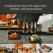 The image is a collage of various shots of a man pouring whiskey into small glasses, with different food items and drinks displayed on the table.