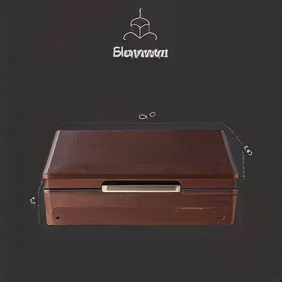 A brown wooden box with a handle, set against a dark background.