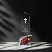 Faithful Service Award for Mark Anderson, 2024, presented with a unique vintage pattern on the base. The clear acrylic design includes a cross symbol, set against a dramatic shadowed background.