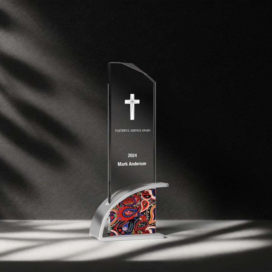 Faithful Service Award for Mark Anderson, 2024, presented with a unique vintage pattern on the base. The clear acrylic design includes a cross symbol, set against a dramatic shadowed background.