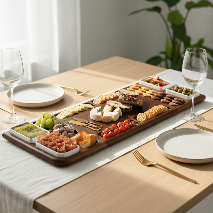 A wooden platter filled with an assortment of appetizers, cheeses, crackers, and other finger foods is displayed on a table, accompanied by two wine glasses and two forks.