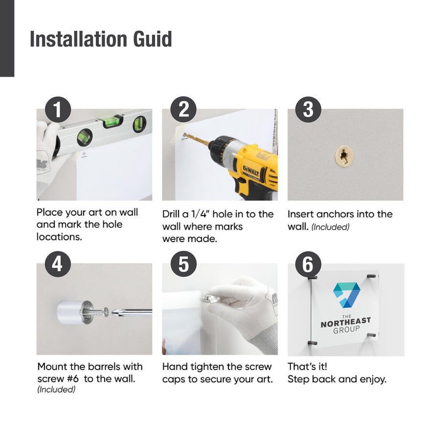 The image is a step-by-step guide with instructions on how to install a piece of art on a wall, including drilling a hole, inserting anchors, mounting the art, and securing it with a screw.