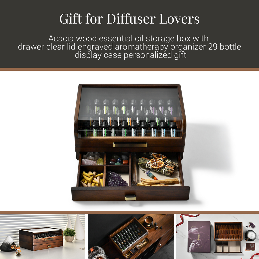 The image is a collage of three photos featuring a wooden diffuser storage box with drawers and a clear lid, containing various items such as bottles, fruits, and herbs.