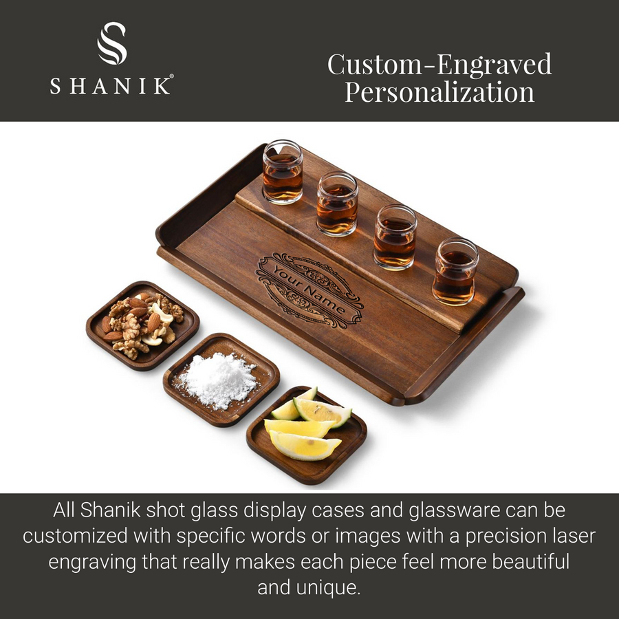 A custom-engraved shot glass display case and glassware can be personalized with specific words or images using a precision laser engraving that really makes each piece feel more beautiful and unique.