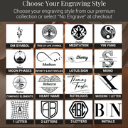 a collection of various engraved designs and symbols, including a tree of life symbol, a meditation symbol, a personal name, and a monogram. The image is not a collage of multiple images, but rather a single image that showcases different engraved designs and symbols.