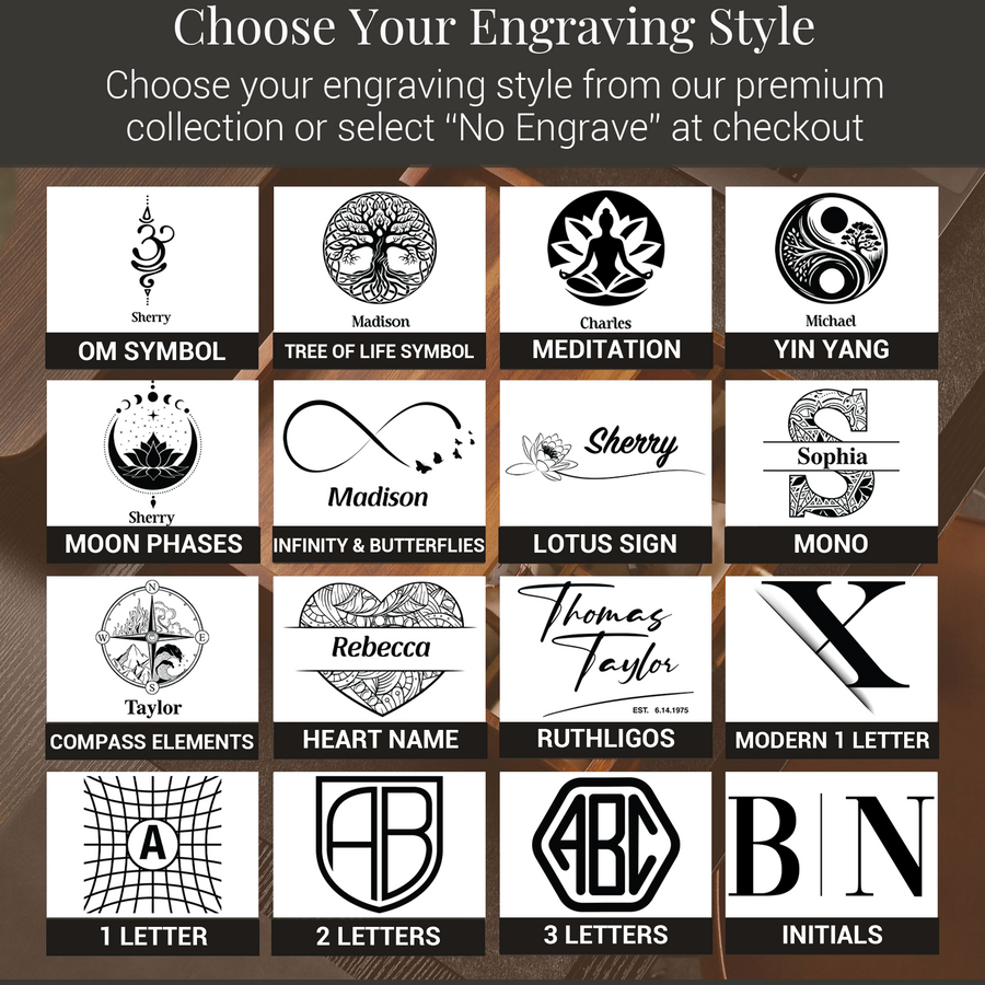a collection of various engraved designs and symbols, including a tree of life symbol, a meditation symbol, a personal name, and a monogram. The image is not a collage of multiple images, but rather a single image that showcases different engraved designs and symbols.