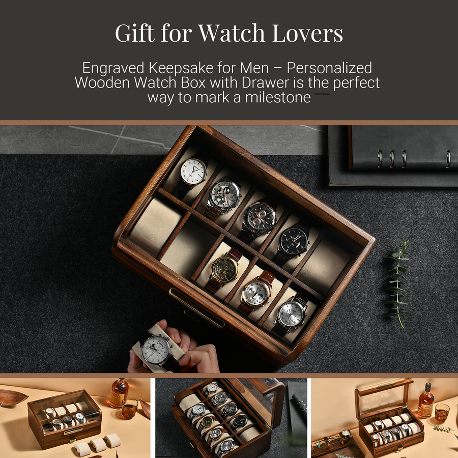The image is a collage of three photos showcasing a wooden watch box with multiple compartments, designed to hold and organize watches. The watch box is personalized and engraved, making it a thoughtful gift for watch lovers.