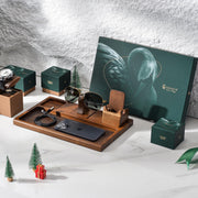 a wooden tray with a watch and other items