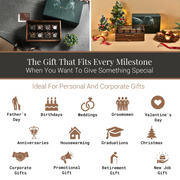 The image is a collage of various gift ideas, including a box of chocolates, a wooden box, a Christmas tree, and other icons representing different gift types such as personal, corporate, and corporate gifts.