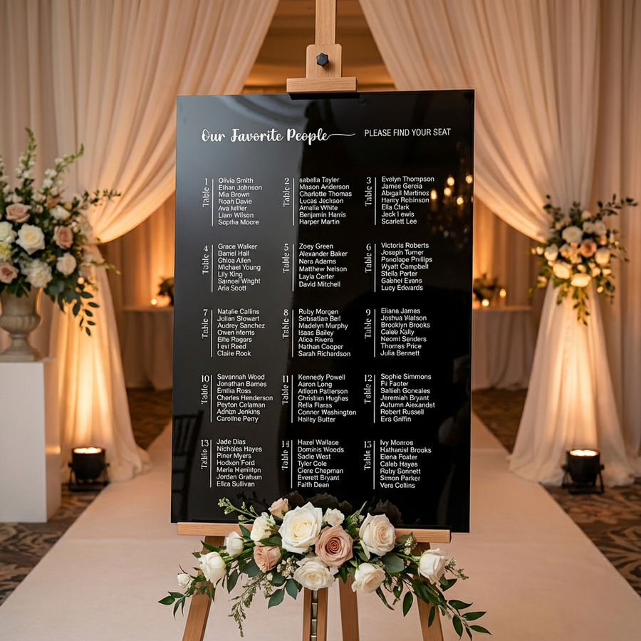 Classic poster wedding seating chart sign black and white elegant wedding seat chart guest list sign rectangular acrylic wedding table plan