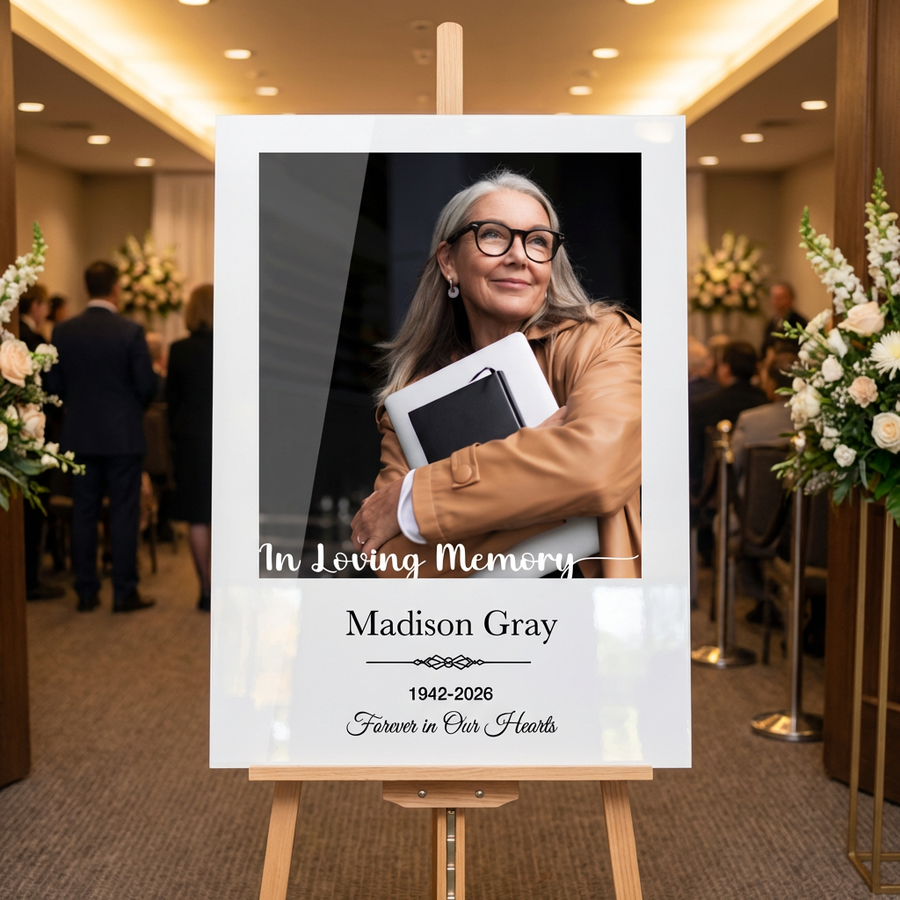 Personalized memorial entrance sign for funeral rectangular black and white acrylic custom photo welcome sign funeral tribute display sign