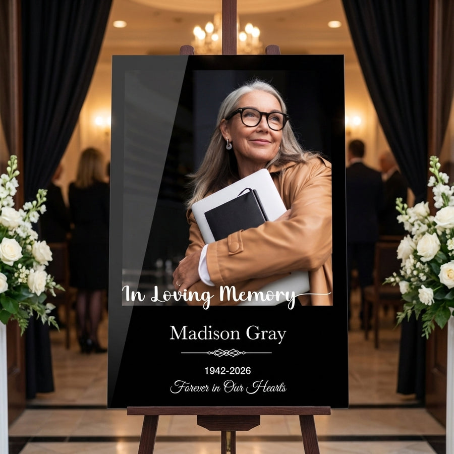Personalized memorial entrance sign for funeral rectangular black and white acrylic custom photo welcome sign funeral tribute display sign