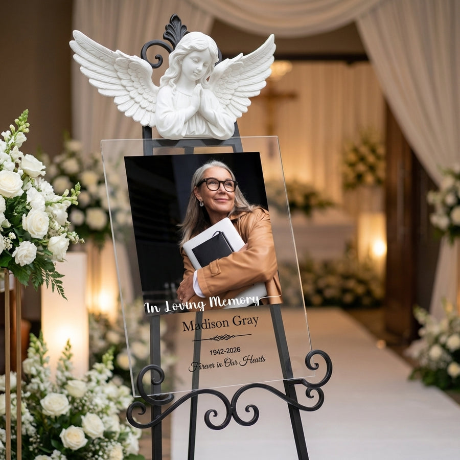 Personalized memorial entrance sign for funeral rectangular black and white acrylic custom photo welcome sign funeral tribute display sign