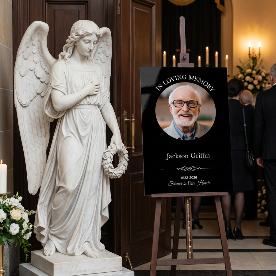 Personalized memorial entrance sign for funeral rectangular black and white acrylic custom photo welcome sign funeral tribute display sign