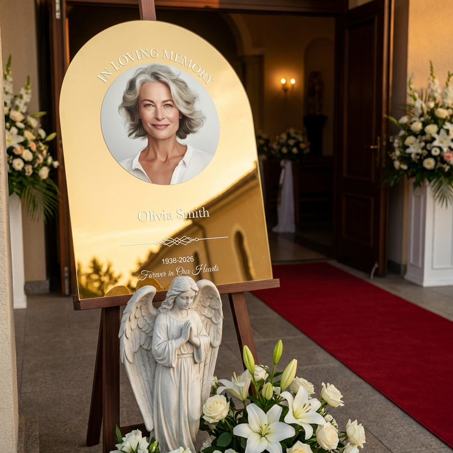 Personalized memorial entrance sign for funeral rectangular black and white acrylic custom photo welcome sign funeral tribute display sign
