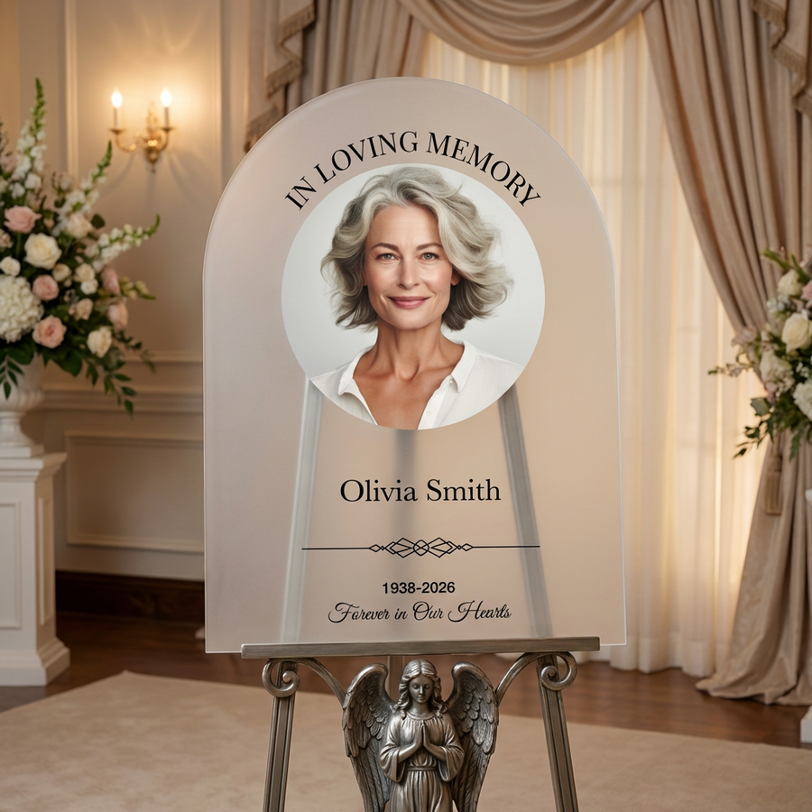 Personalized memorial entrance sign for funeral rectangular black and white acrylic custom photo welcome sign funeral tribute display sign