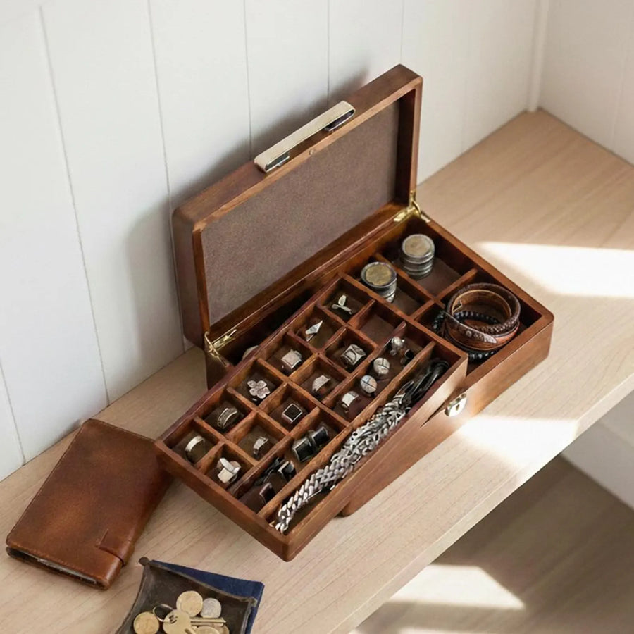Engraved Wooden Jewelry Box Organizer for Men Jewelry Case Holder with Removable Divider Tray Man Cave Stuff Closet Organizer Fiance Gift