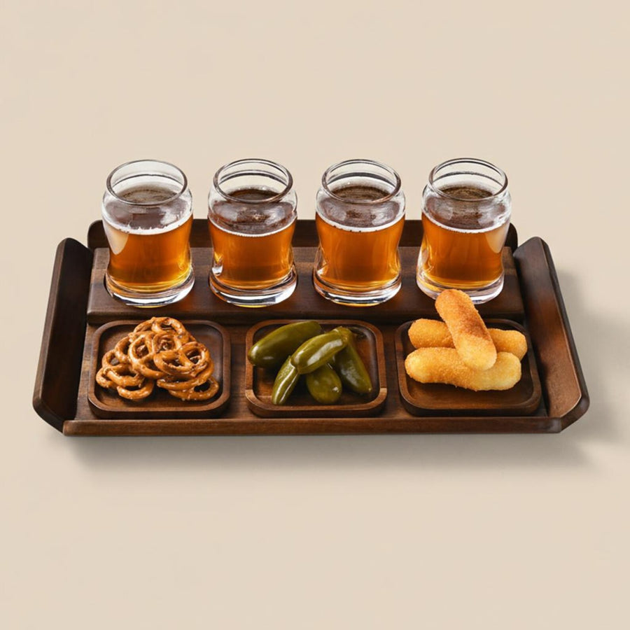 Engraved wooden beer flight tasting tray with coasters and glasses gift for beer lover bar decor
