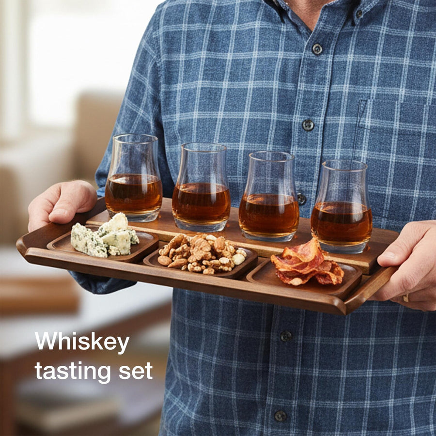 Engraved wooden beer flight tasting tray with coasters and glasses gift for beer lover bar decor