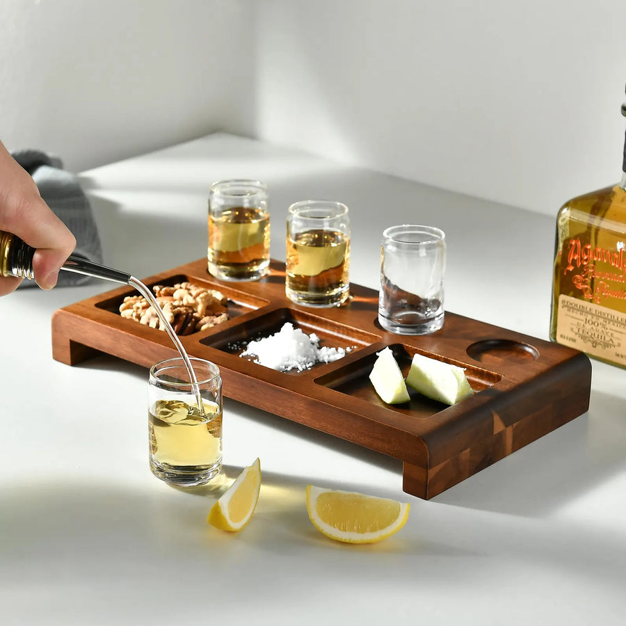 Tequila shot paddle tray with glasses and sections engraved tequila display set cocktail tasting kit wooden tequila gift box for men
