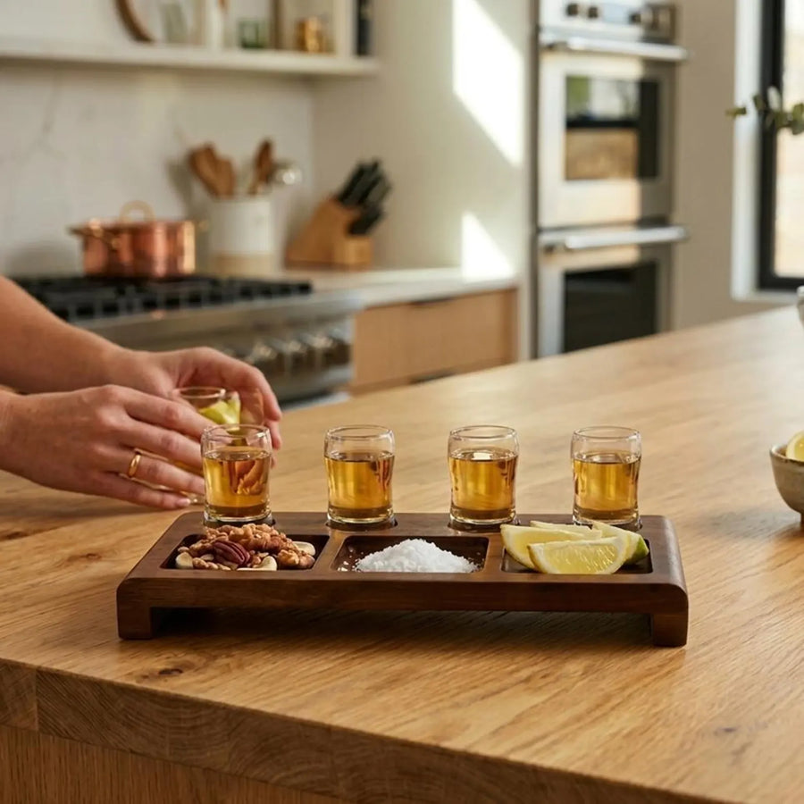 Tequila shot paddle tray with glasses and sections engraved tequila display set cocktail tasting kit wooden tequila gift box for men