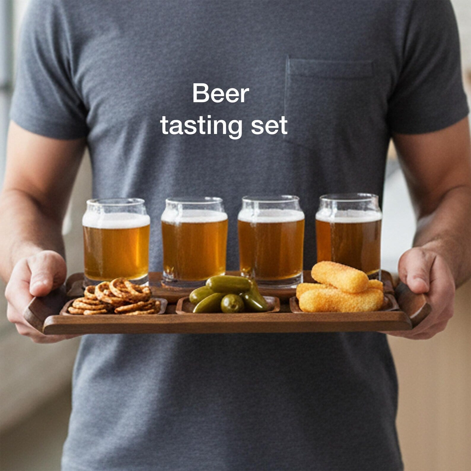 Engraved wooden beer flight tasting tray with coasters and glasses gift for beer lover bar decor