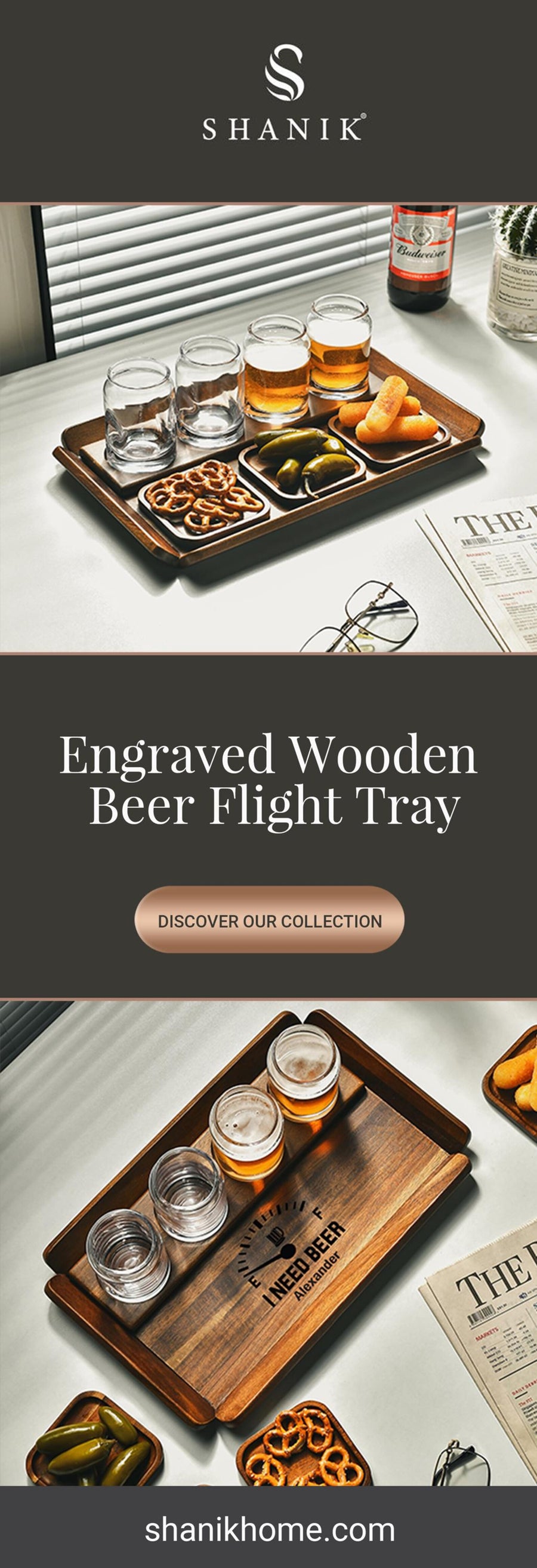 Engraved wooden beer flight tasting tray with coasters and glasses gift for beer lover bar decor