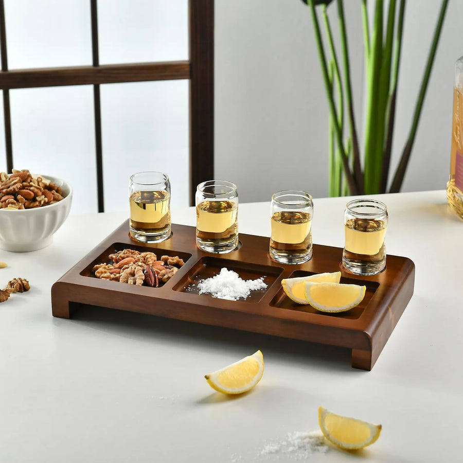 Tequila shot paddle tray with glasses and sections engraved tequila display set cocktail tasting kit wooden tequila gift box for men