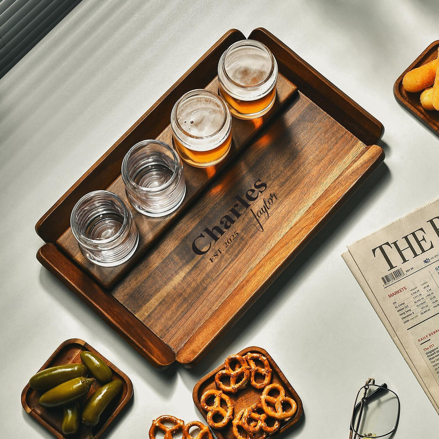Engraved Tasting Glasses Gift for Beer Lover Personalized Beer Flight Set with Wooden Paddle Craft Beer Sampler Board with Snack Coasters