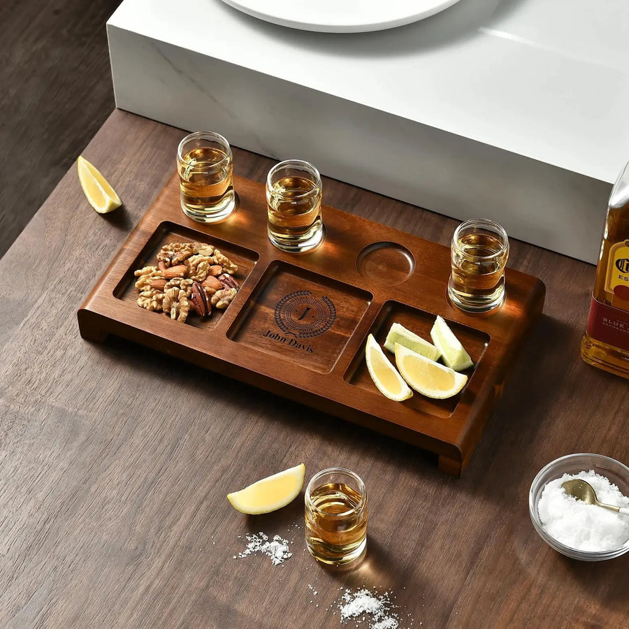 Personalized Tequila Shot Board With Glasses Acacia Wood Serving Tray Custom Engraved Shot Flight Set Anniversary Housewarming Gift For Him