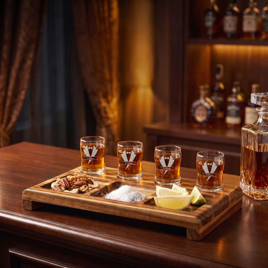 Personalized Tequila Shot Board With Glasses Acacia Wood Serving Tray Custom Engraved Shot Flight Set Anniversary Housewarming Gift For Him