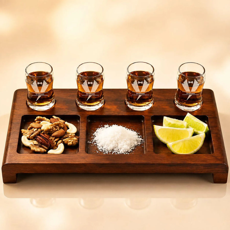 Personalized Tequila Shot Board With Glasses Acacia Wood Serving Tray Custom Engraved Shot Flight Set Anniversary Housewarming Gift For Him