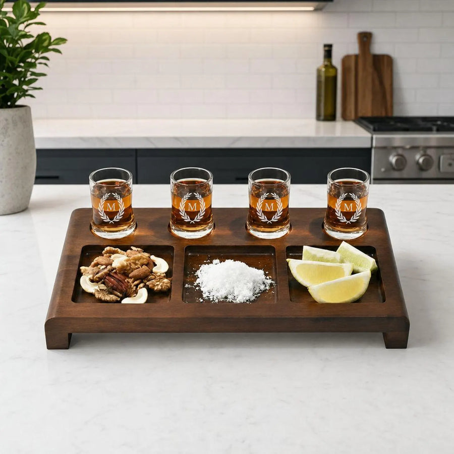 Personalized Tequila Shot Board With Glasses Acacia Wood Serving Tray Custom Engraved Shot Flight Set Anniversary Housewarming Gift For Him
