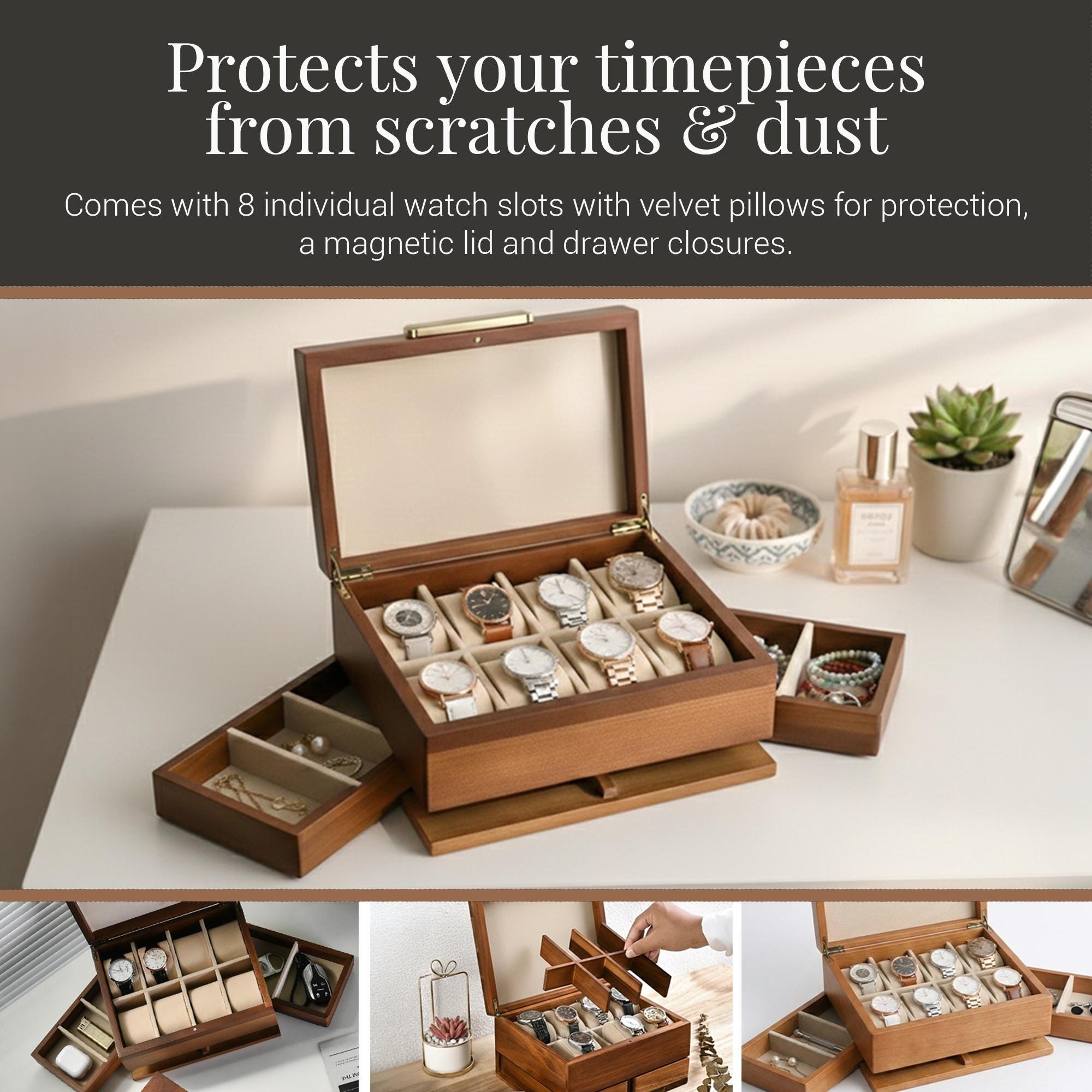 Personalized Watch Box For Women 8 Divider Slots Engraved Wooden Jewelry Display Organizer with Drawers Custom Anniversary Gift For Her