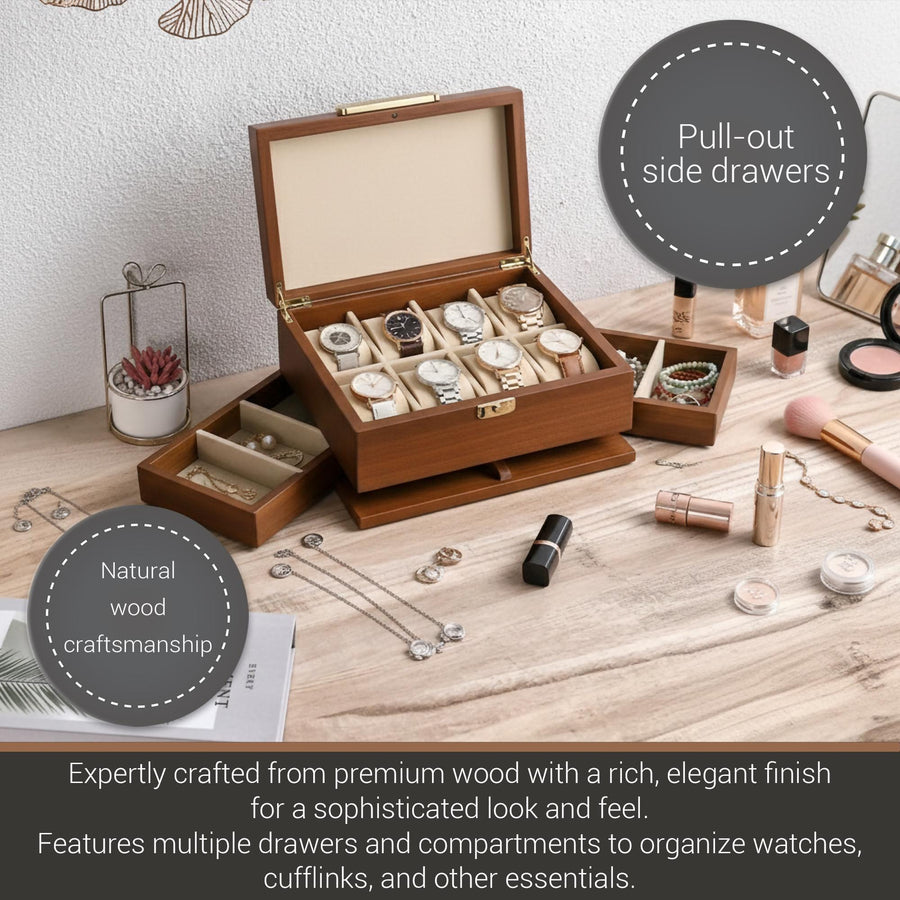 Personalized Watch Box For Women 8 Divider Slots Engraved Wooden Jewelry Display Organizer with Drawers Custom Anniversary Gift For Her