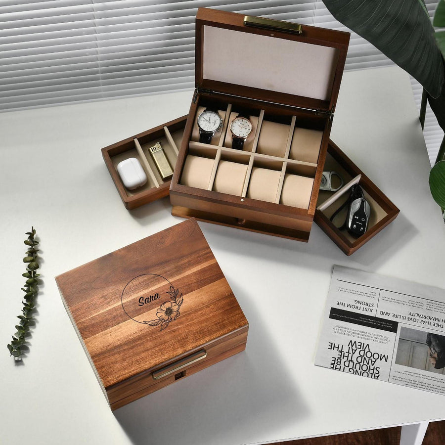 Personalized Watch Box For Women 8 Divider Slots Engraved Wooden Jewelry Display Organizer with Drawers Custom Anniversary Gift For Her