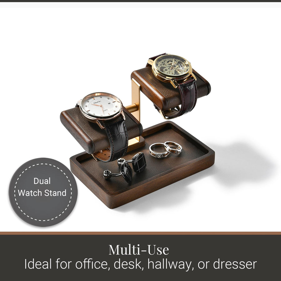 Bridesmaid proposal gifts engraved double watch holder stand with jewelry tray watch leather display stand for dresser gift for best friend