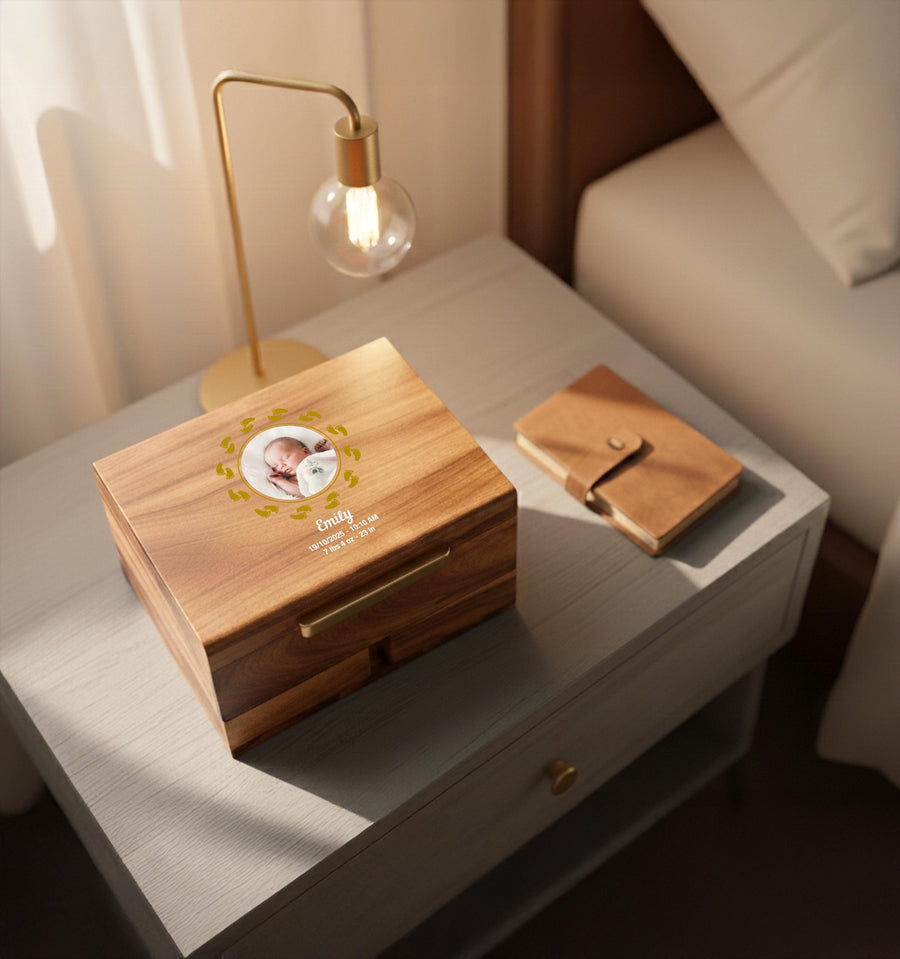 Personalized Print Newborn Photo Memory Box Wooden Baby Keepsake Chest Custom Birth Stats Heirloom Hospital Bracelet Ultrasound Organizer