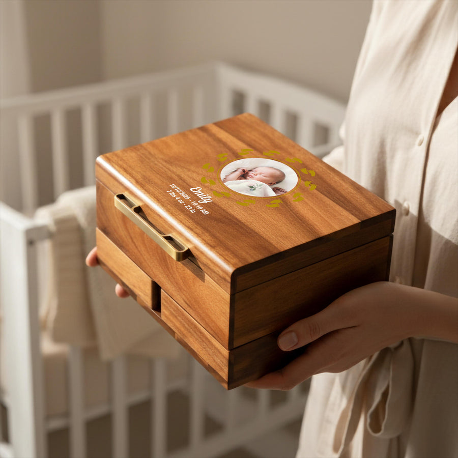 Personalized Print Newborn Photo Memory Box Wooden Baby Keepsake Chest Custom Birth Stats Heirloom Hospital Bracelet Ultrasound Organizer