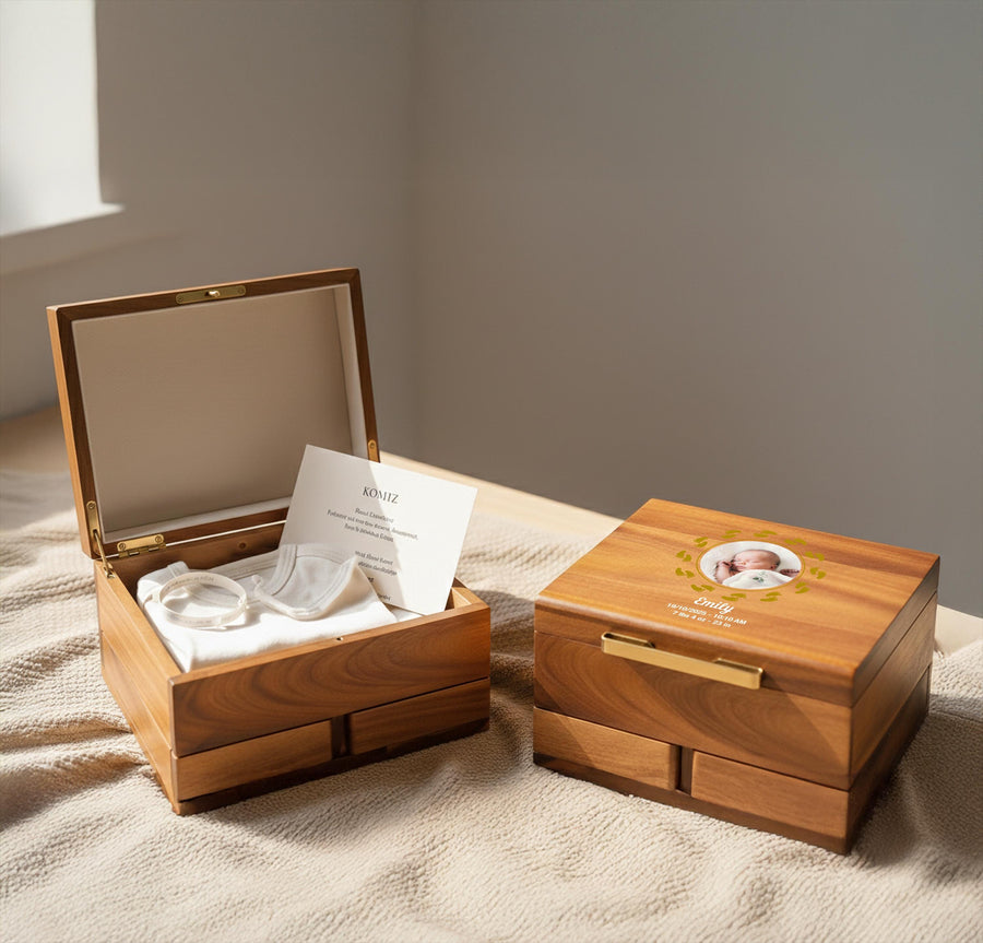 Personalized Print Newborn Photo Memory Box Wooden Baby Keepsake Chest Custom Birth Stats Heirloom Hospital Bracelet Ultrasound Organizer