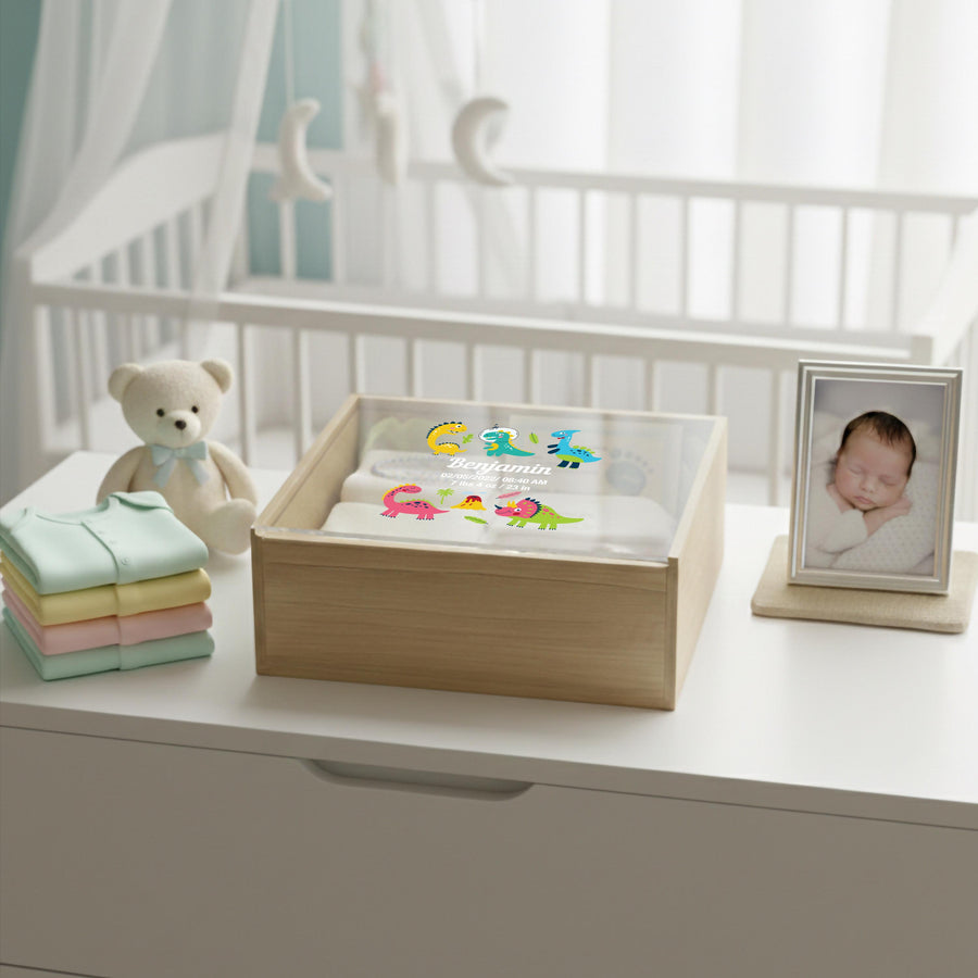 Minimalist baby memory box with clear lid print baby photo birth stats organic nursery decor newborn milestone storage gift for new mom