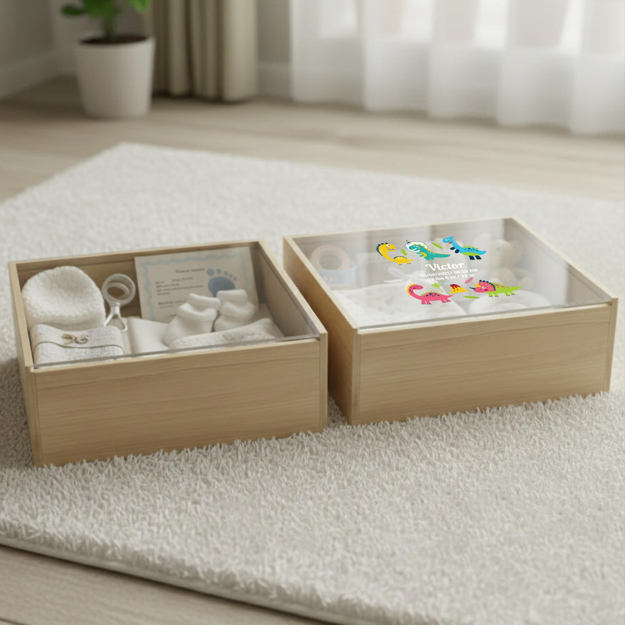 Minimalist baby memory box with clear lid print baby photo birth stats organic nursery decor newborn milestone storage gift for new mom