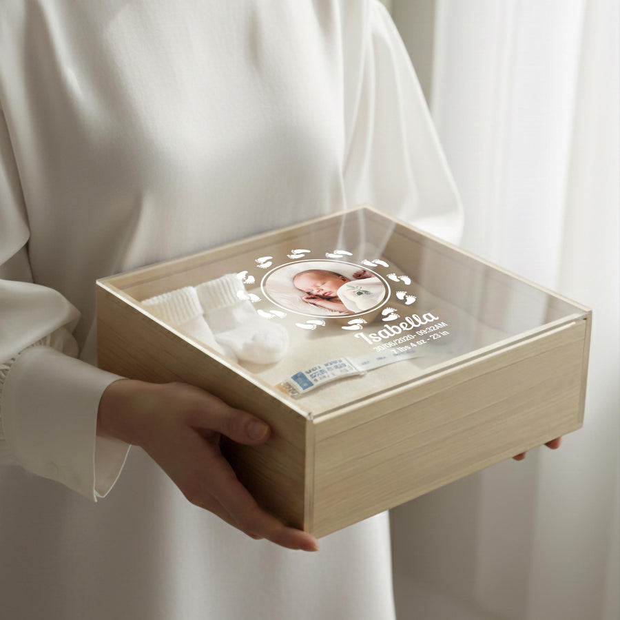 Minimalist baby memory box with clear lid print baby photo birth stats organic nursery decor newborn milestone storage gift for new mom