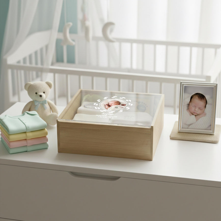 Minimalist baby memory box with clear lid print baby photo birth stats organic nursery decor newborn milestone storage gift for new mom