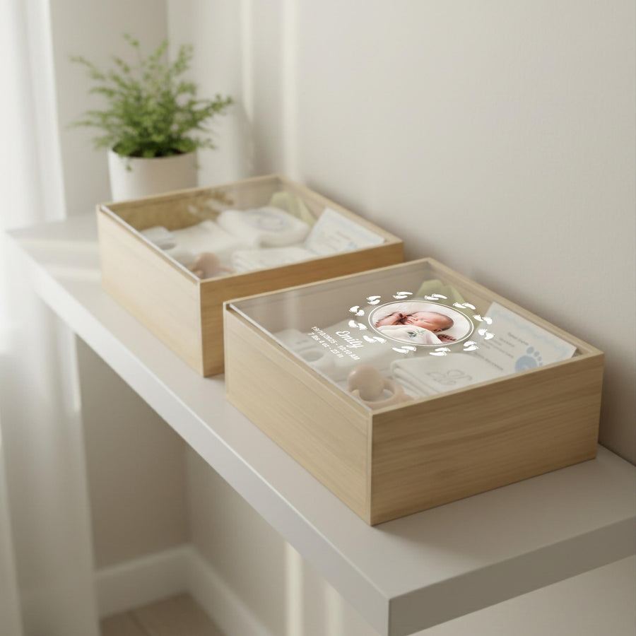 Minimalist baby memory box with clear lid print baby photo birth stats organic nursery decor newborn milestone storage gift for new mom