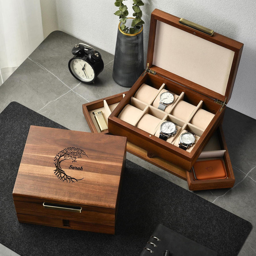 Personalized Watch Box For Women 8 Divider Slots Engraved Wooden Jewelry Display Organizer with Drawers Custom Anniversary Gift For Her