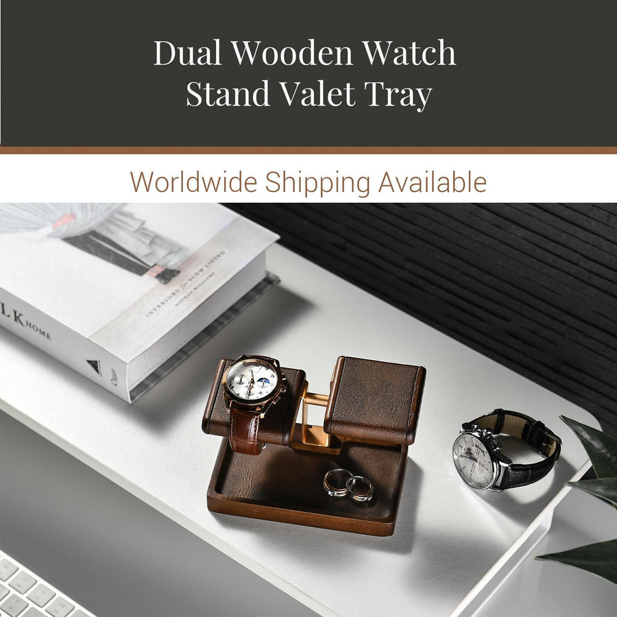 Bridesmaid proposal gifts engraved double watch holder stand with jewelry tray watch leather display stand for dresser gift for best friend