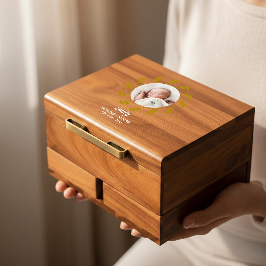 Personalized Print Newborn Photo Memory Box Wooden Baby Keepsake Chest Custom Birth Stats Heirloom Hospital Bracelet Ultrasound Organizer